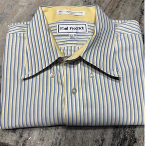 Paul Fredrick Mens 16.5-35 Slim Fit Blue Yellow Striped Non-Iron Cotton Shirt